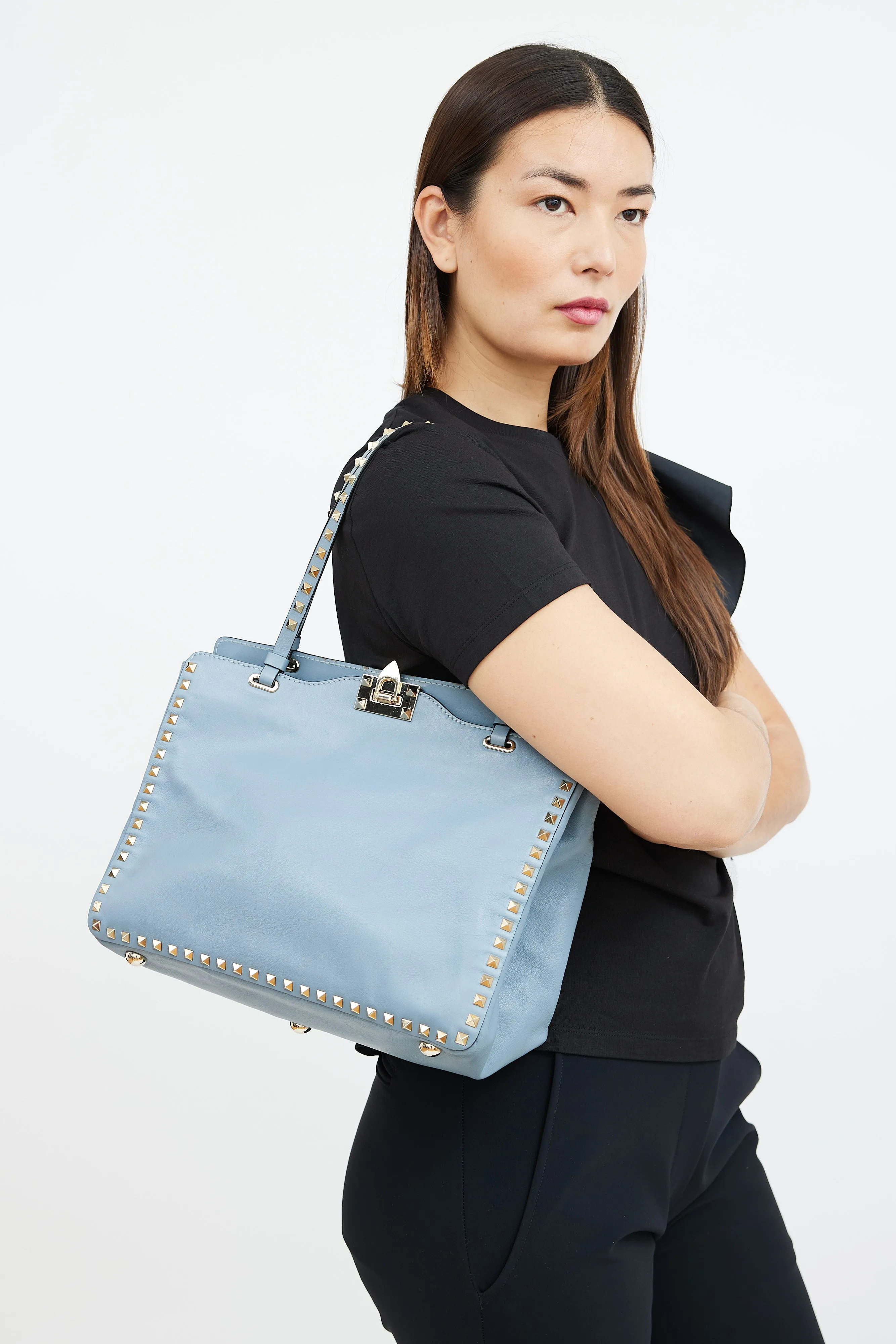 Blue Leather Rockstud Trapeze Tote Bag