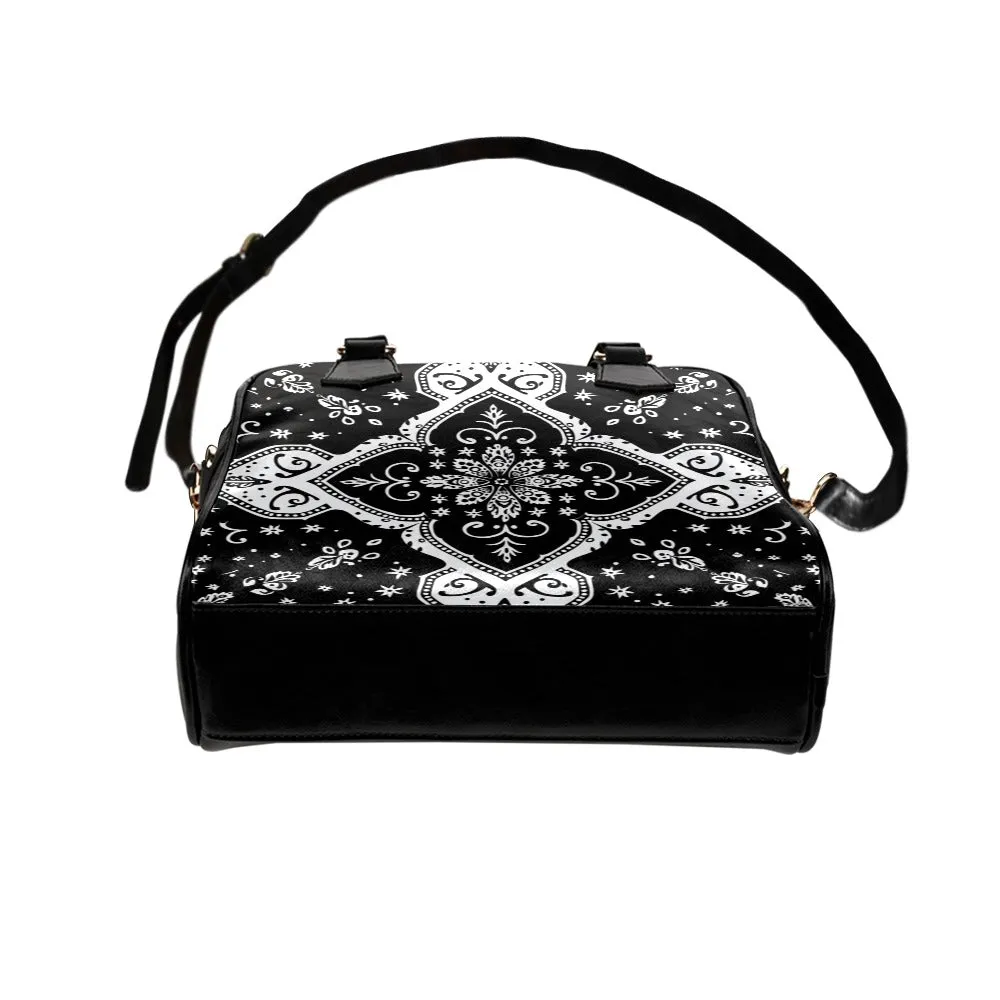 Boho Purse, Black and White Bohemian Bandana Vintage Cute Small Shoulder Vegan Leather Women Ladies Designer Handbag with Crossbody Strap