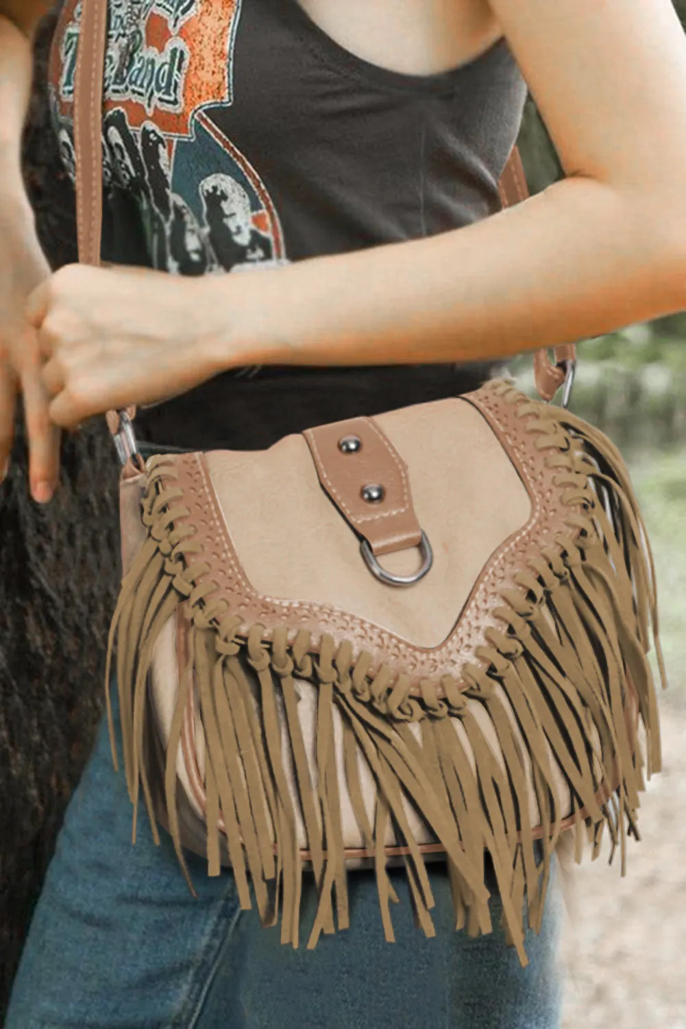 Brown boho fringe crossbody bag