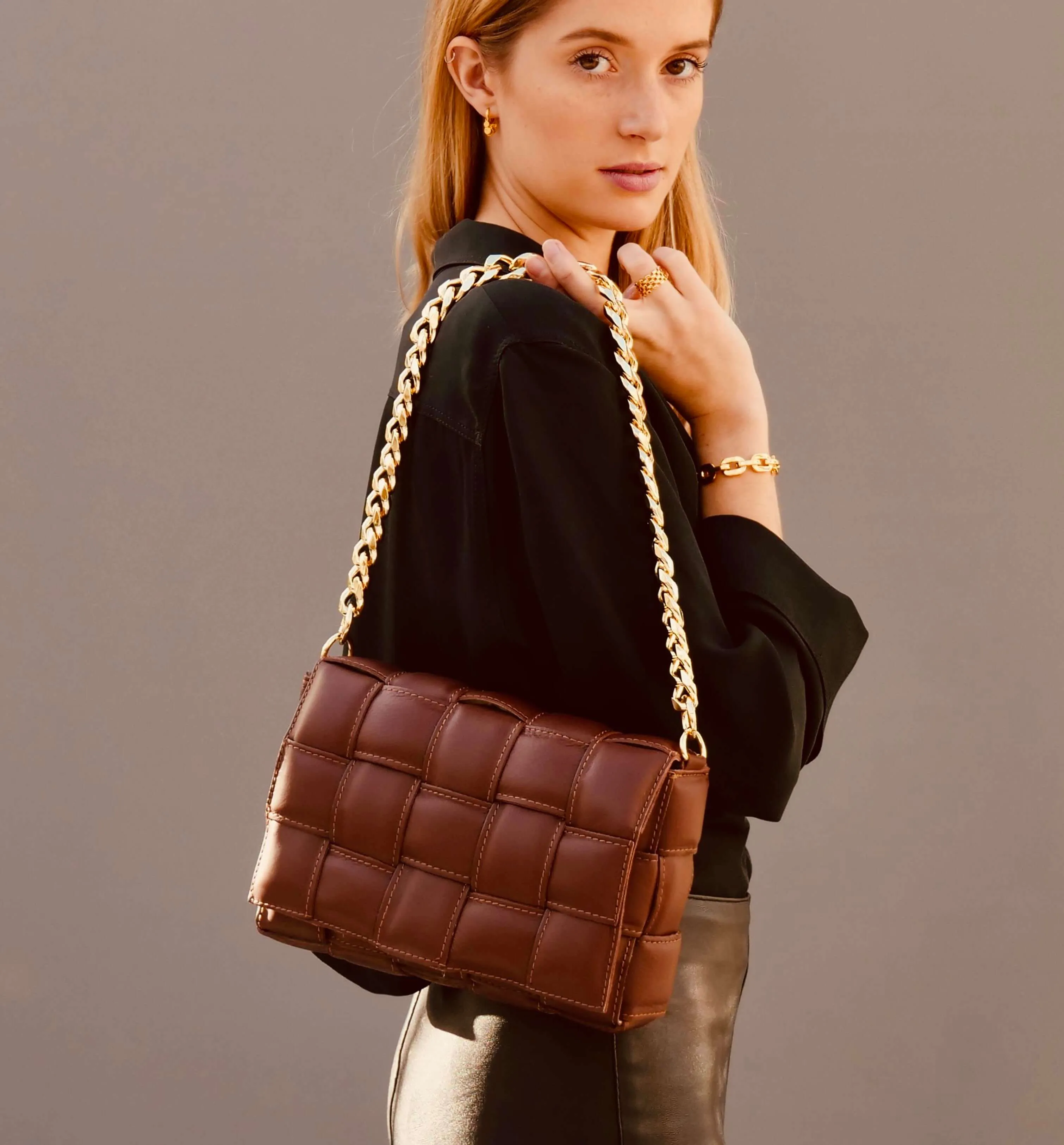 Burgundy Padded Woven Leather Crossbody Bag With Gold Chain Strap