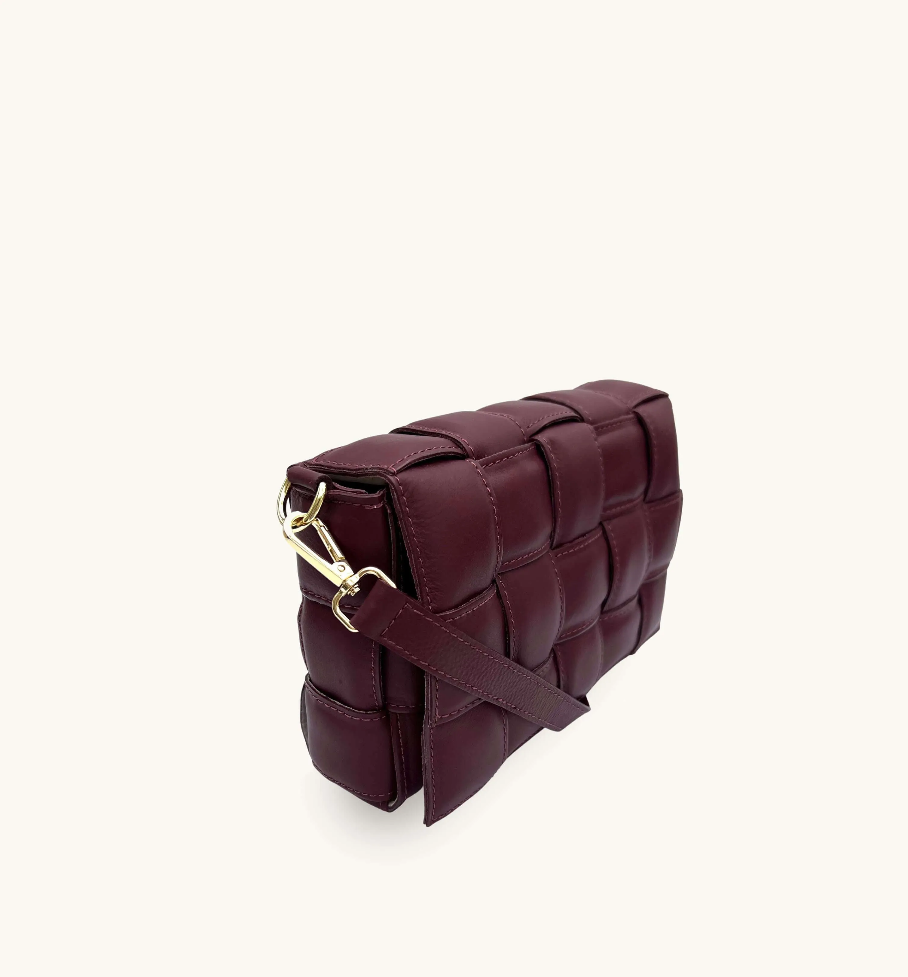 Burgundy Padded Woven Leather Crossbody Bag With Gold Chain Strap