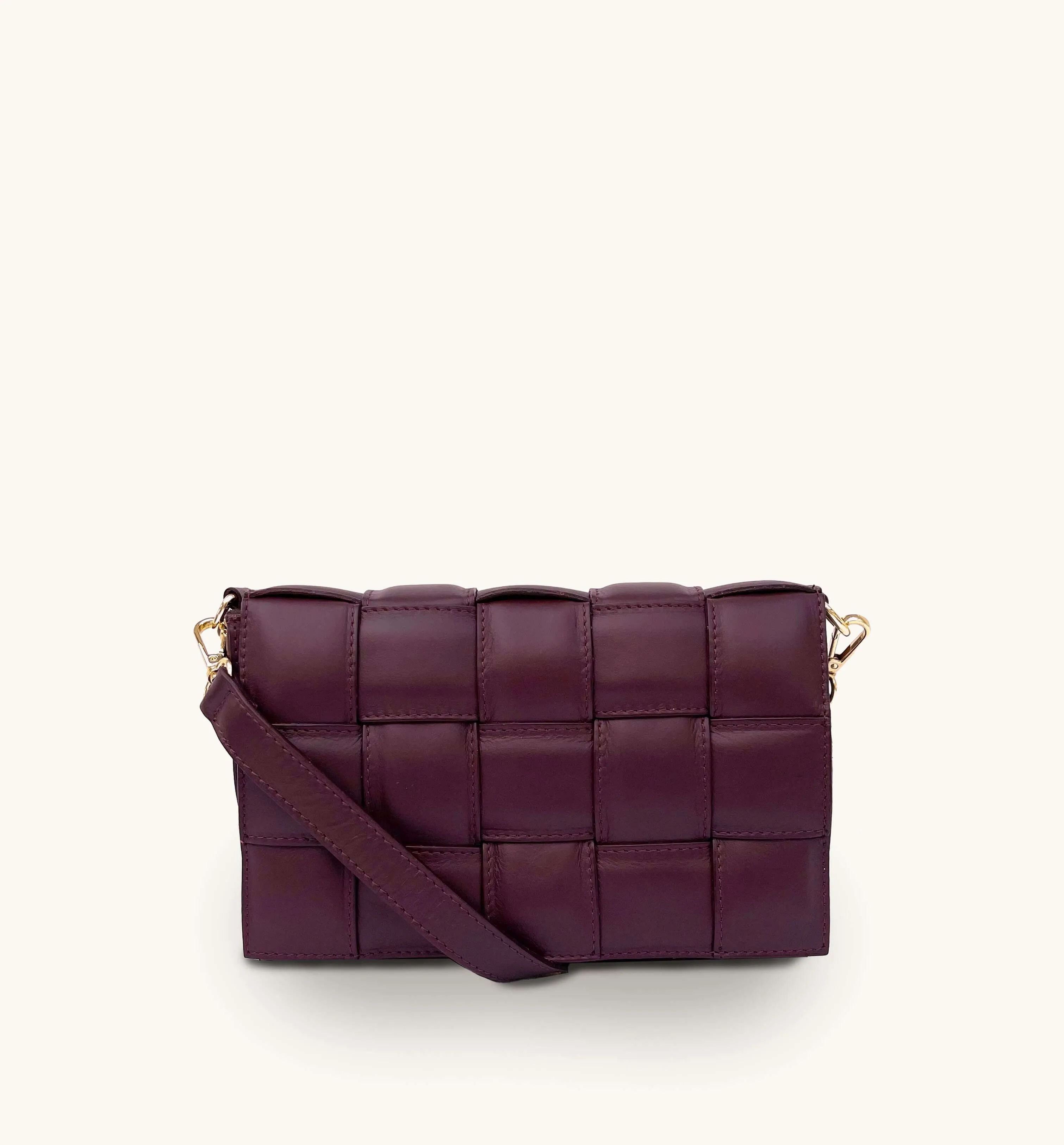 Burgundy Padded Woven Leather Crossbody Bag With Gold Chain Strap