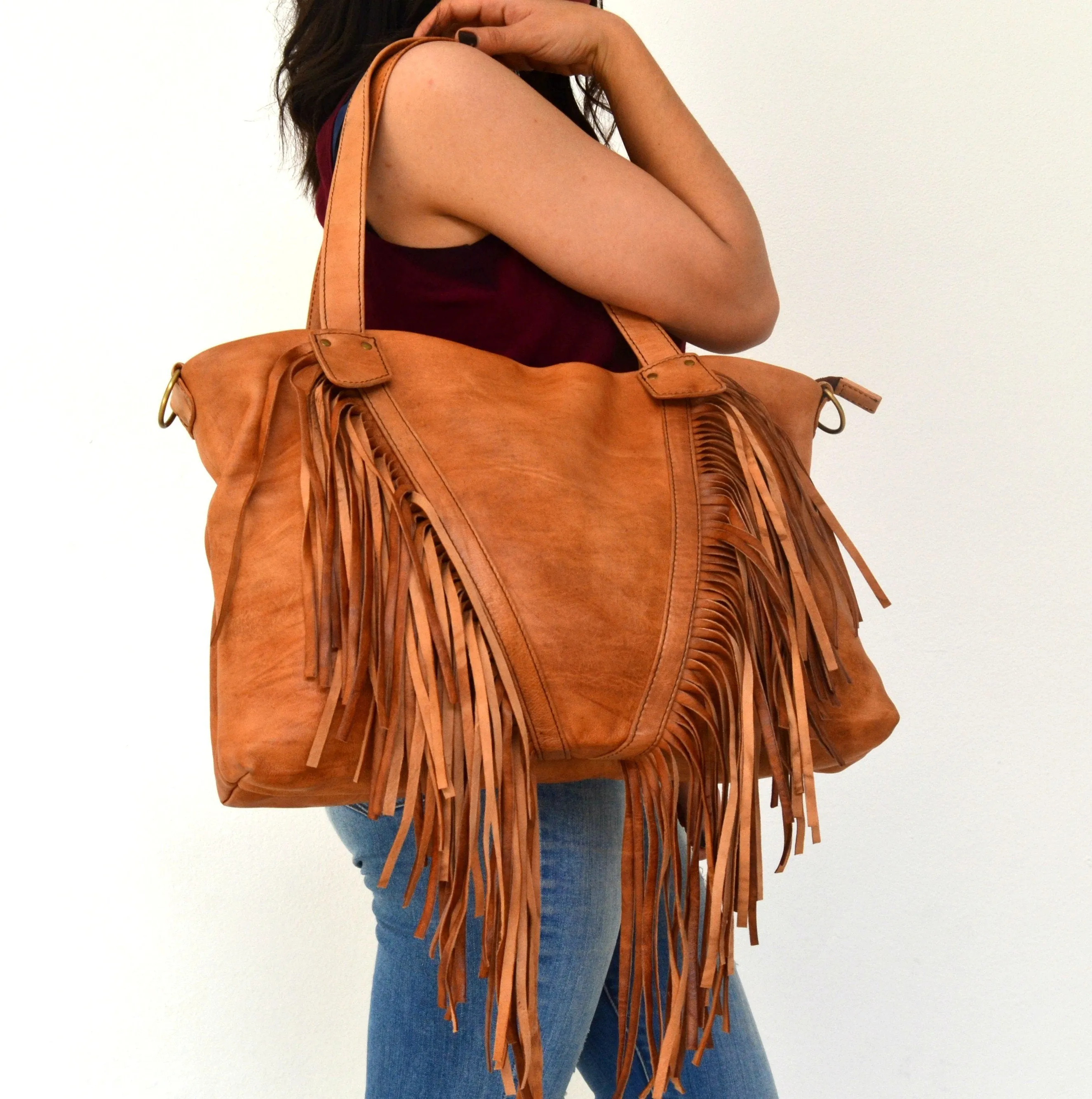 Camel Fringe Leather Purse