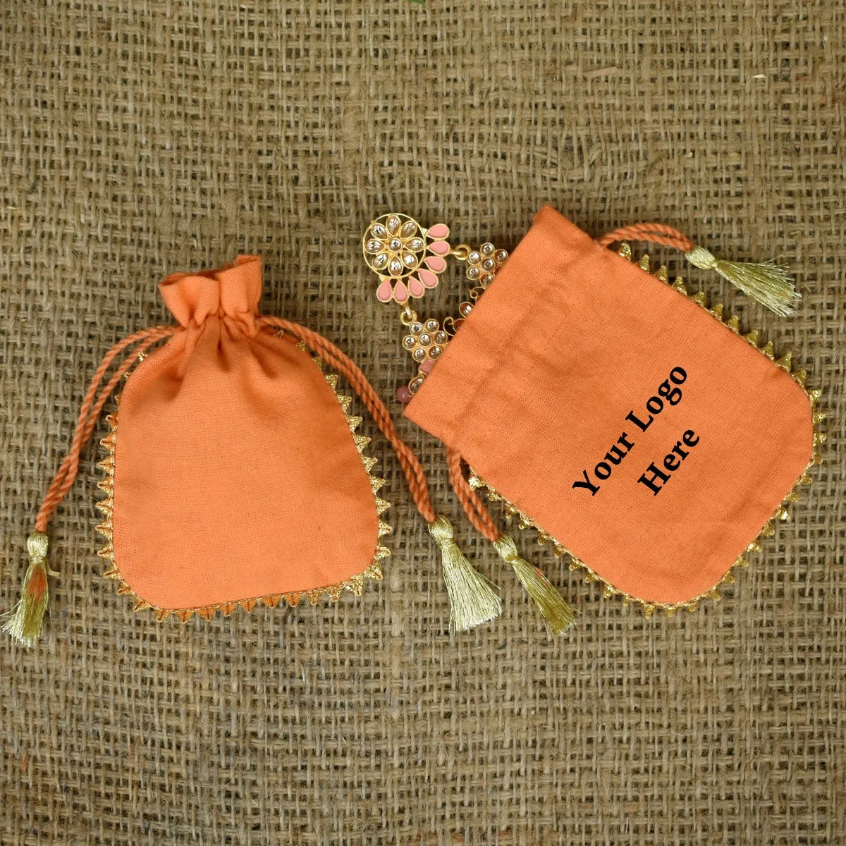 Cotton Small Packaging Bag, Round Gold Lace Orange Pouches - CraftJaipur