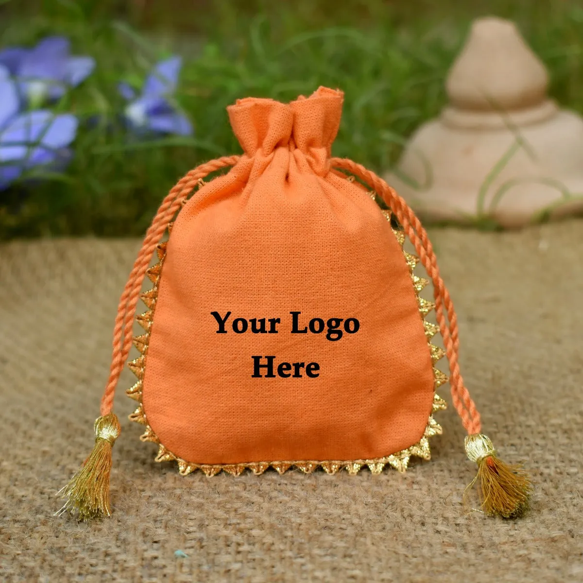 Cotton Small Packaging Bag, Round Gold Lace Orange Pouches - CraftJaipur