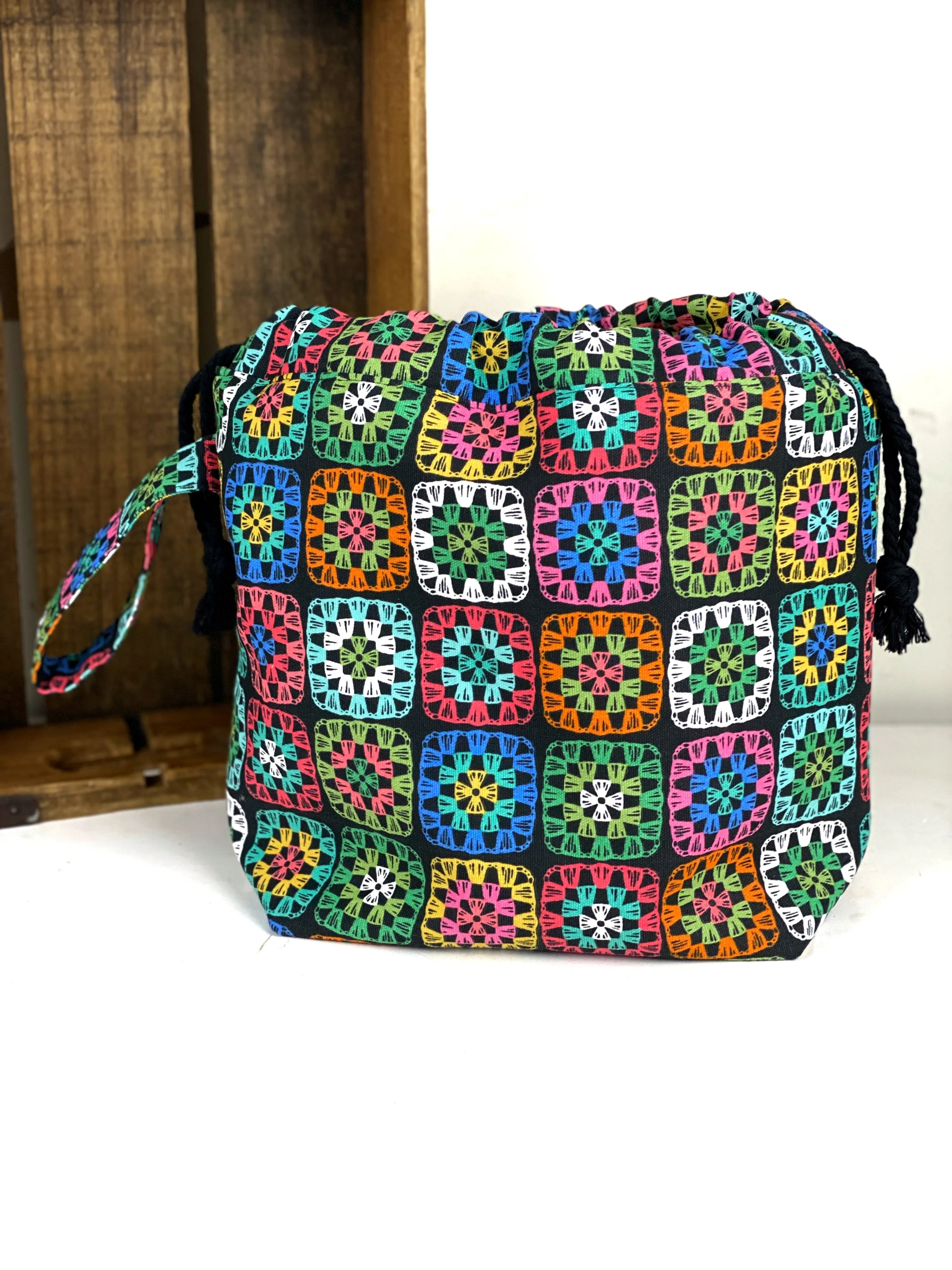 Crochet Granny Square Canvas Project or Tote Bag, Crocheting Project Bag, Utility Crochet Canvas Drawstring Knitting