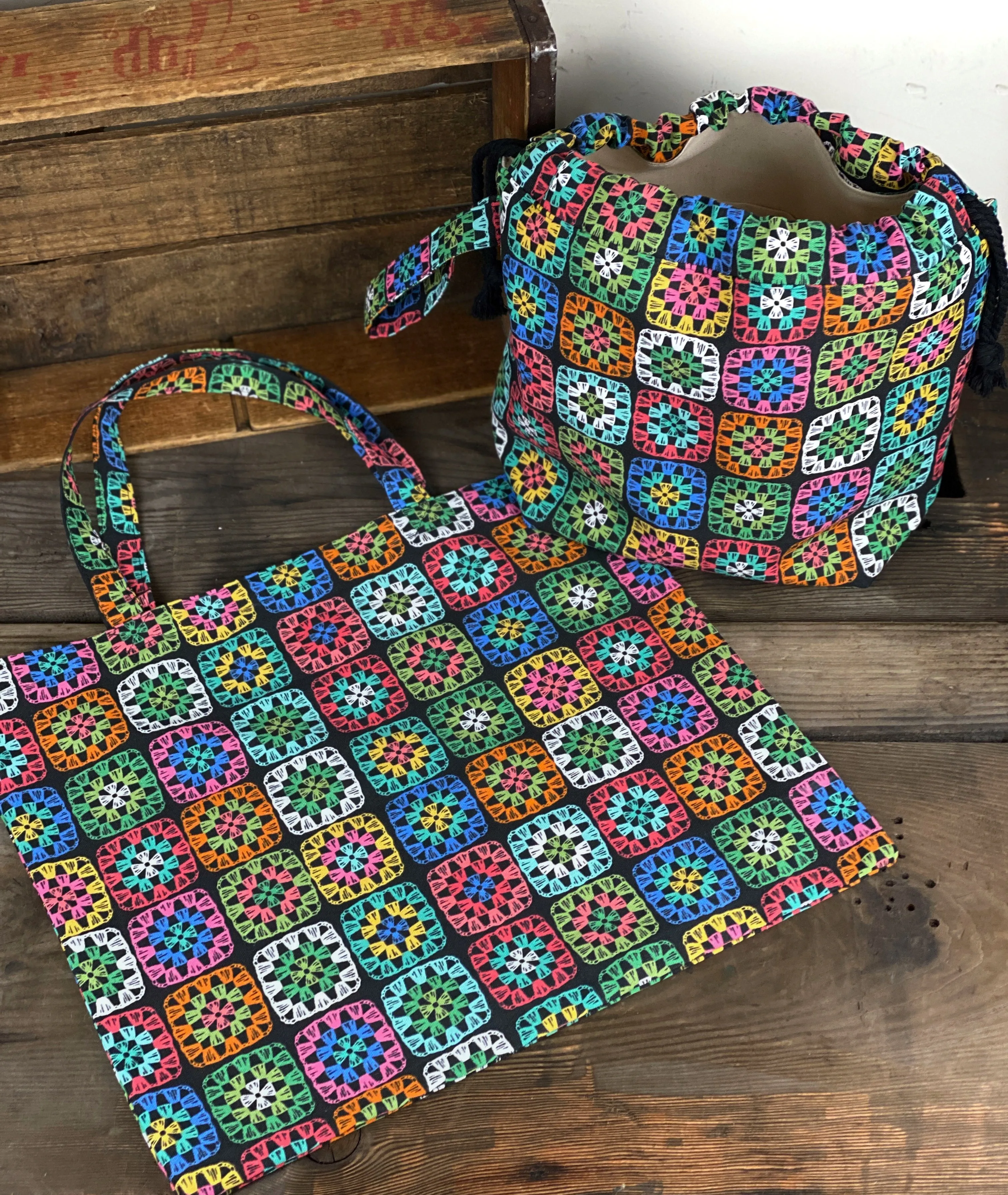 Crochet Granny Square Canvas Project or Tote Bag, Crocheting Project Bag, Utility Crochet Canvas Drawstring Knitting