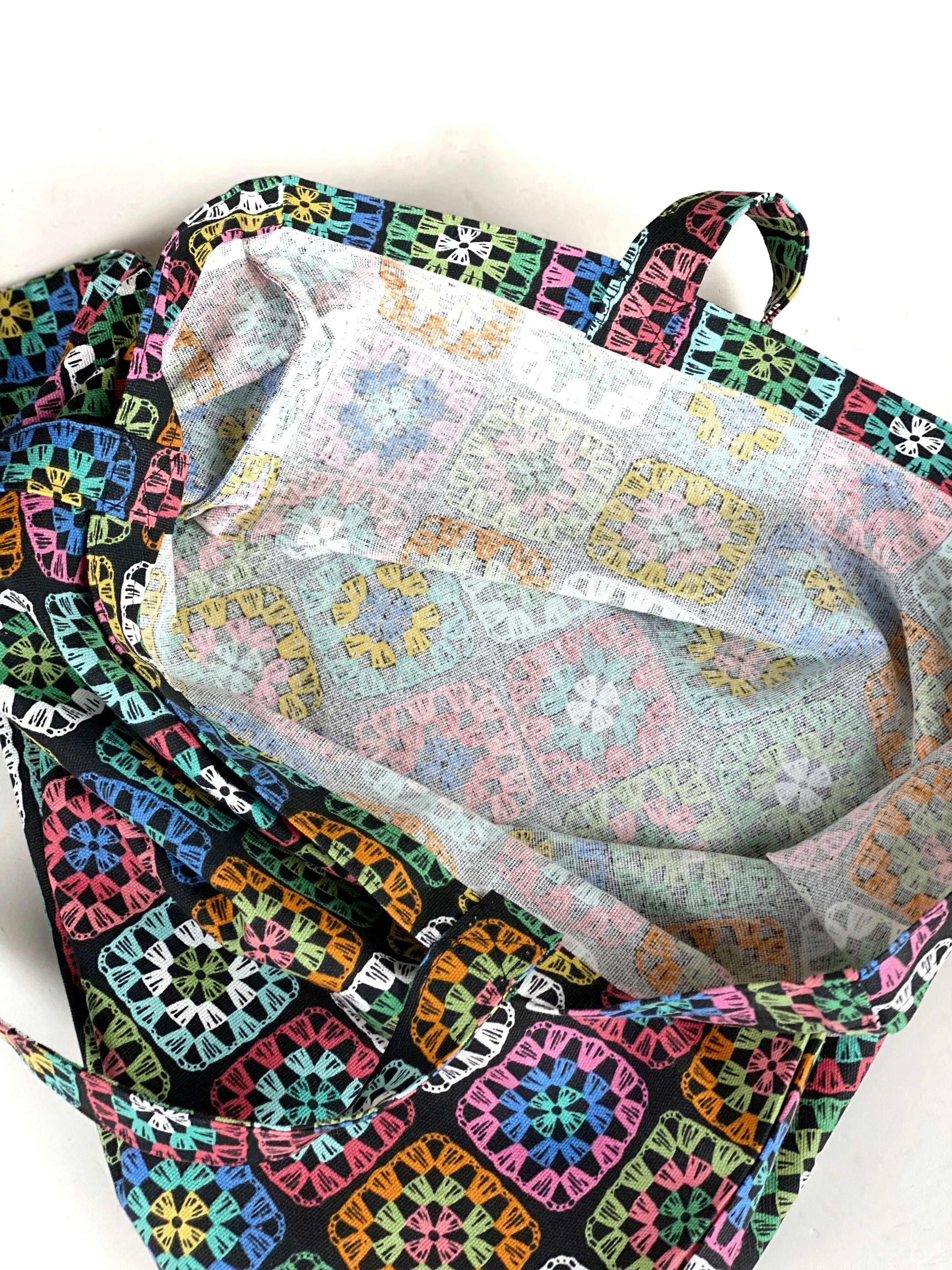 Crochet Granny Square Canvas Project or Tote Bag, Crocheting Project Bag, Utility Crochet Canvas Drawstring Knitting