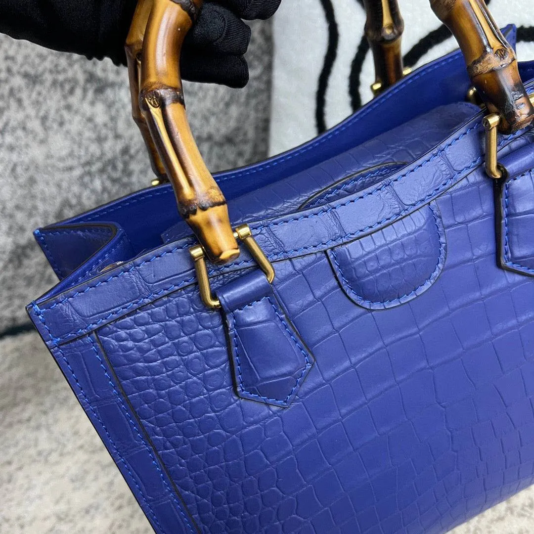 Crocodile Skin Leather Shoulder Crossbody Bag With Bamboo Handle Blue