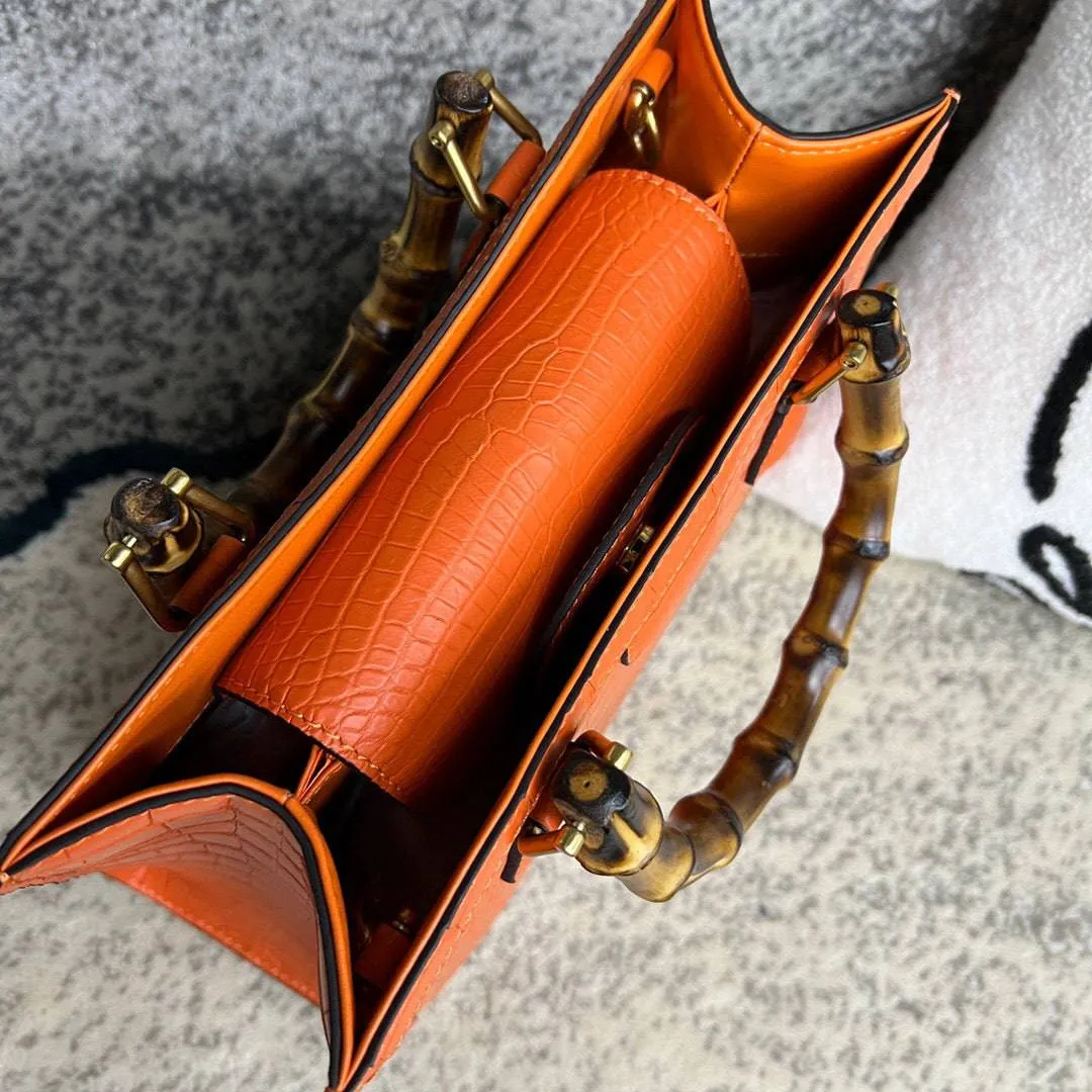 Crocodile Skin Leather Shoulder Crossbody Bag With Bamboo Handle Orange