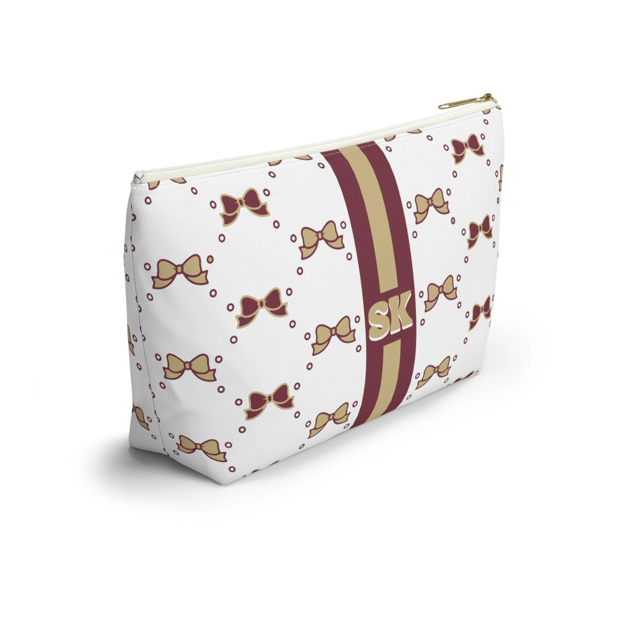 Custom Initial Personalized Bow Makeup Bag - Custom Initial, Makeup Bag, FSU, Garnet & Gold, Boston College, Personalized, Bow Aesthetic