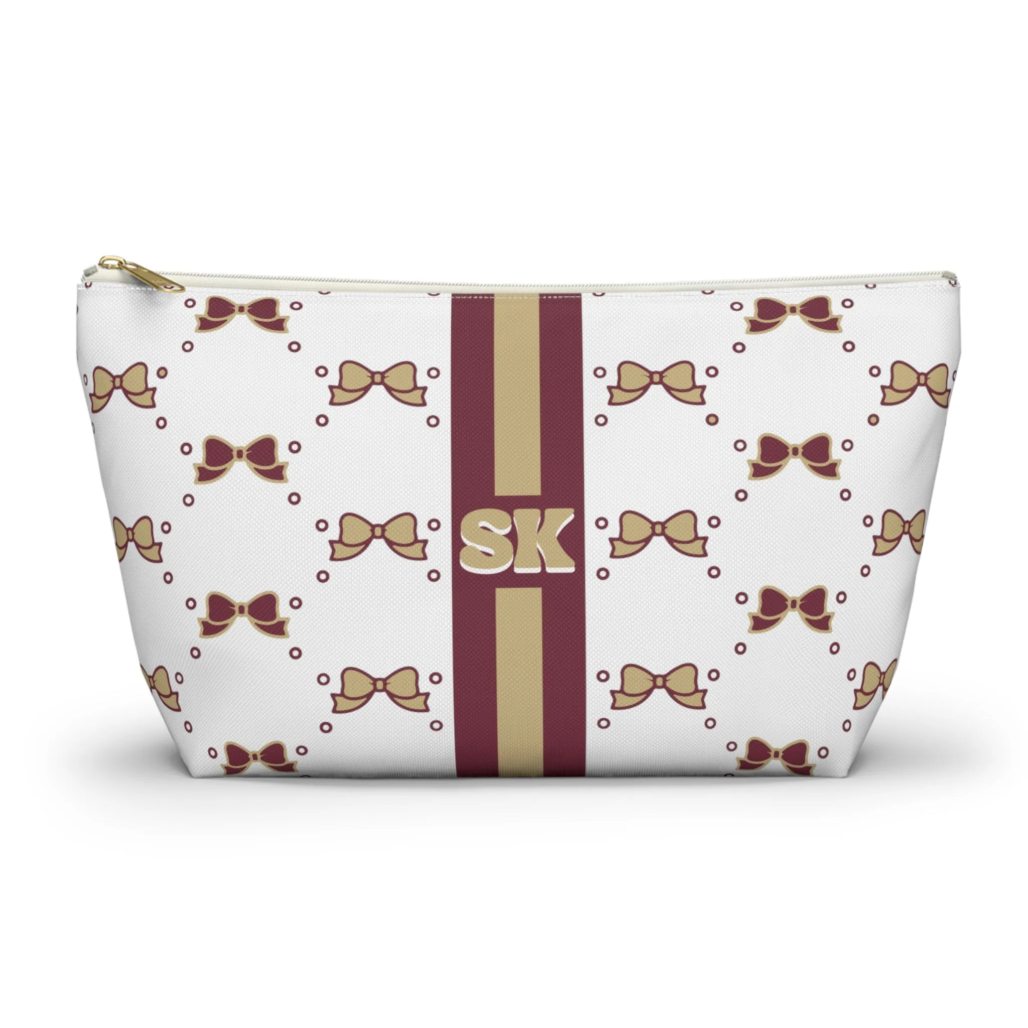 Custom Initial Personalized Bow Makeup Bag - Custom Initial, Makeup Bag, FSU, Garnet & Gold, Boston College, Personalized, Bow Aesthetic