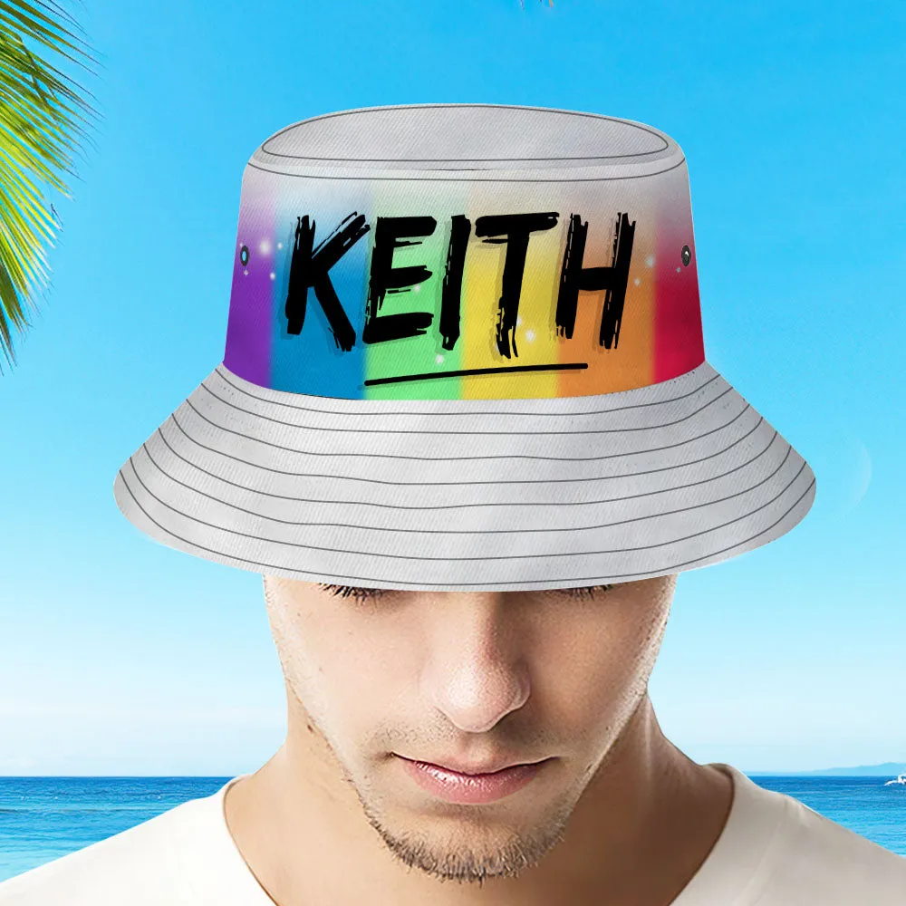 Custom Name Bucket Hat Adult & Kids Unisex Bucket Hat with Text Personalised Wide Brim Outdoor Summer Cap Hiking Beach Sports Hats - Airbrushed Rainbow