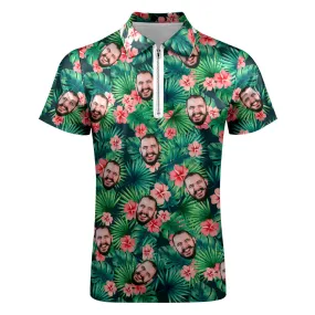 Custom Polo Shirt with Zipper Personalised Face Hawaiian Style Men's Polo Shirt