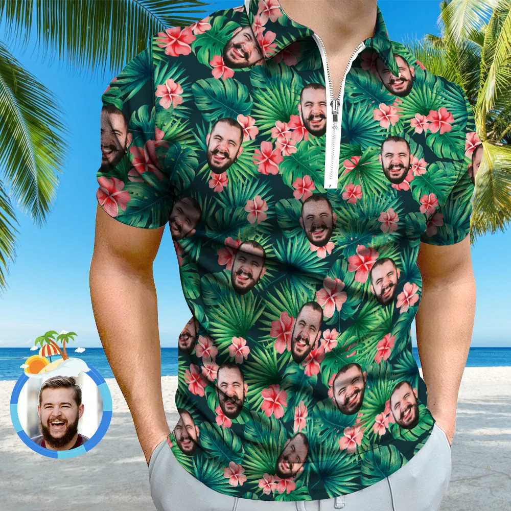 Custom Polo Shirt with Zipper Personalised Face Hawaiian Style Men's Polo Shirt