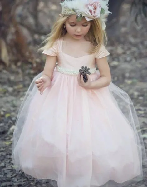 Cute Cap Sleeve Pink Tulle Beautiful Flower Girl Dresses with Pearl Belt Under 100, TYP1960