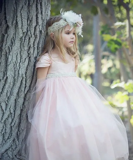 Cute Cap Sleeve Pink Tulle Beautiful Flower Girl Dresses with Pearl Belt Under 100, TYP1960