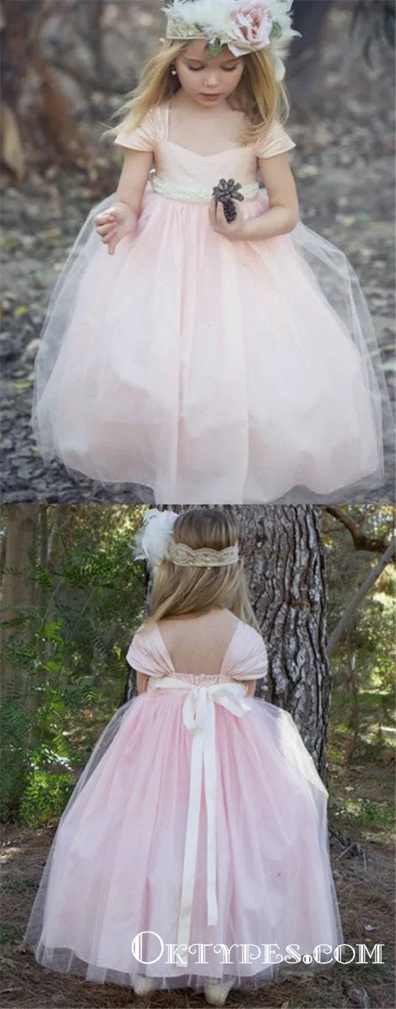 Cute Cap Sleeve Pink Tulle Beautiful Flower Girl Dresses with Pearl Belt Under 100, TYP1960