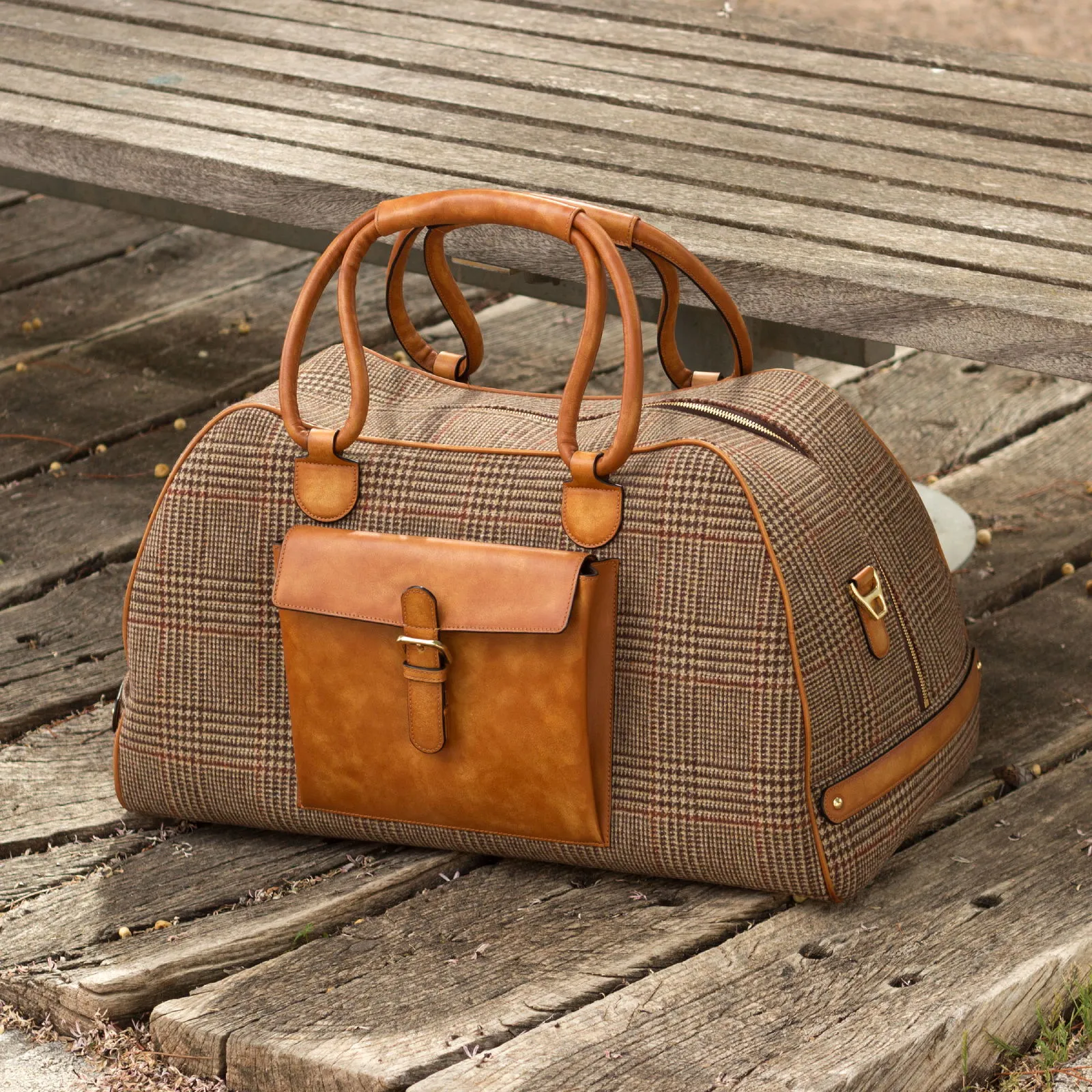 DapperFam Luxe Men's Travel Duffle in Tweed Sartorial & Cognac Leather