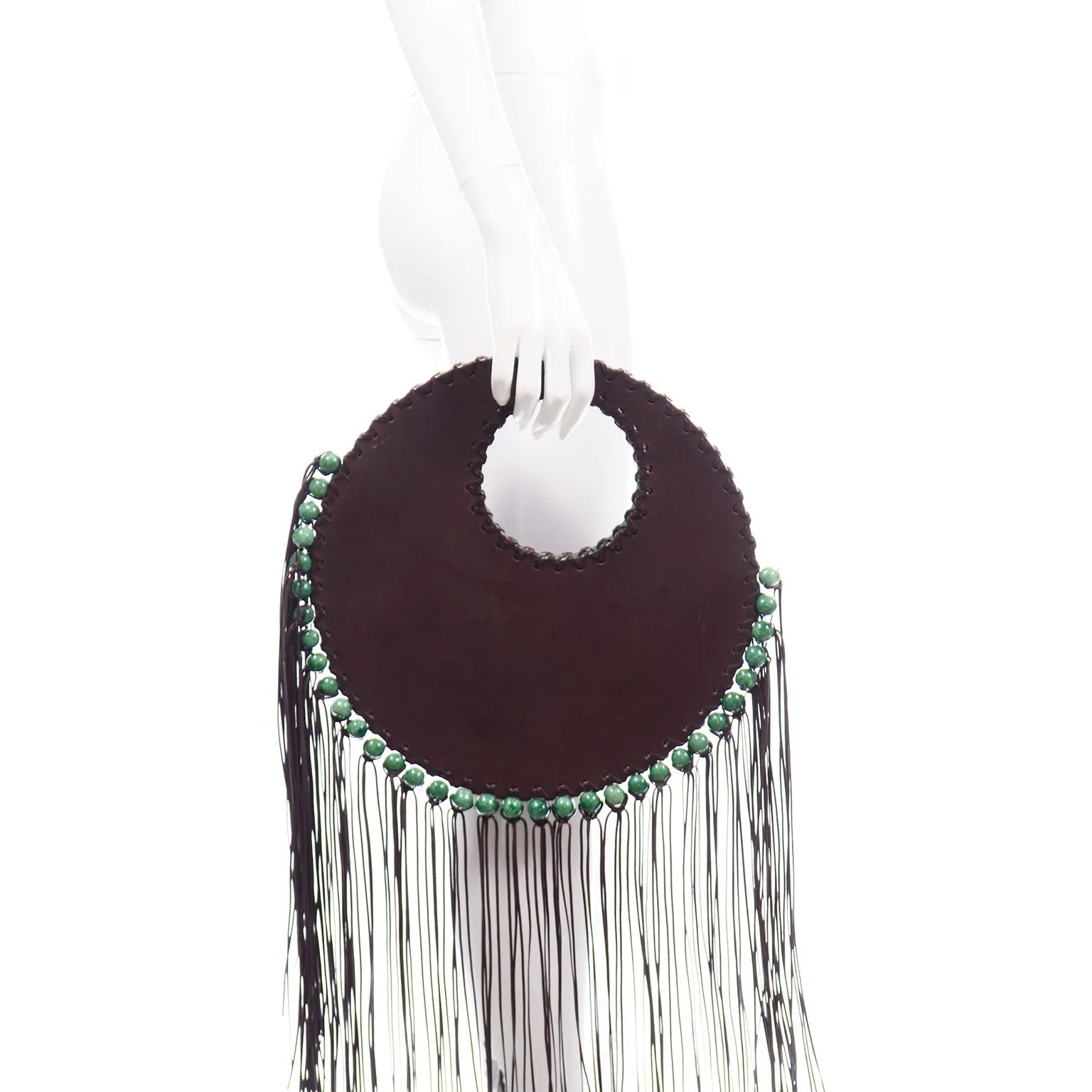 Denise Razzouk Brown Leather Handbag With Fringe And Green Beads