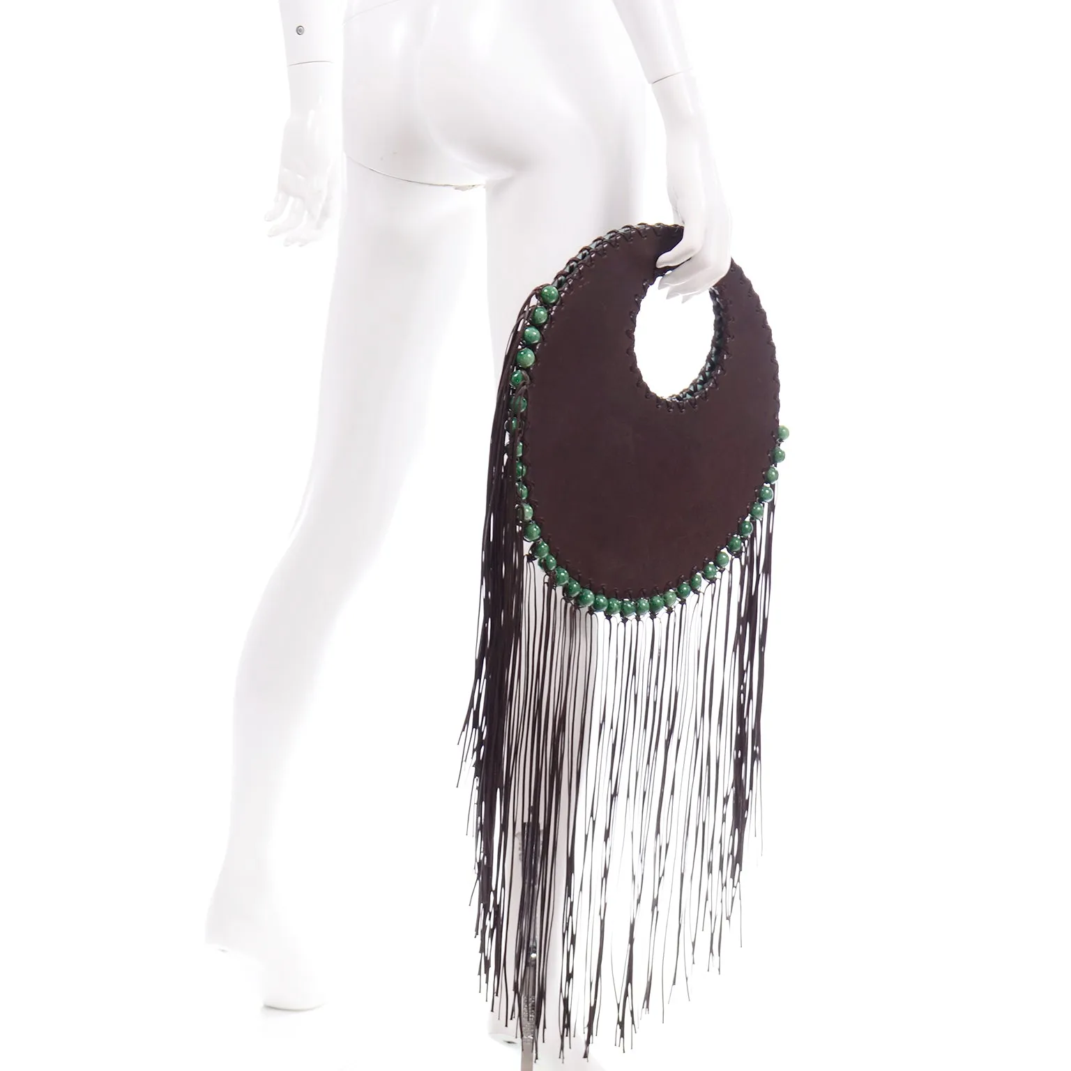 Denise Razzouk Brown Leather Handbag With Fringe And Green Beads