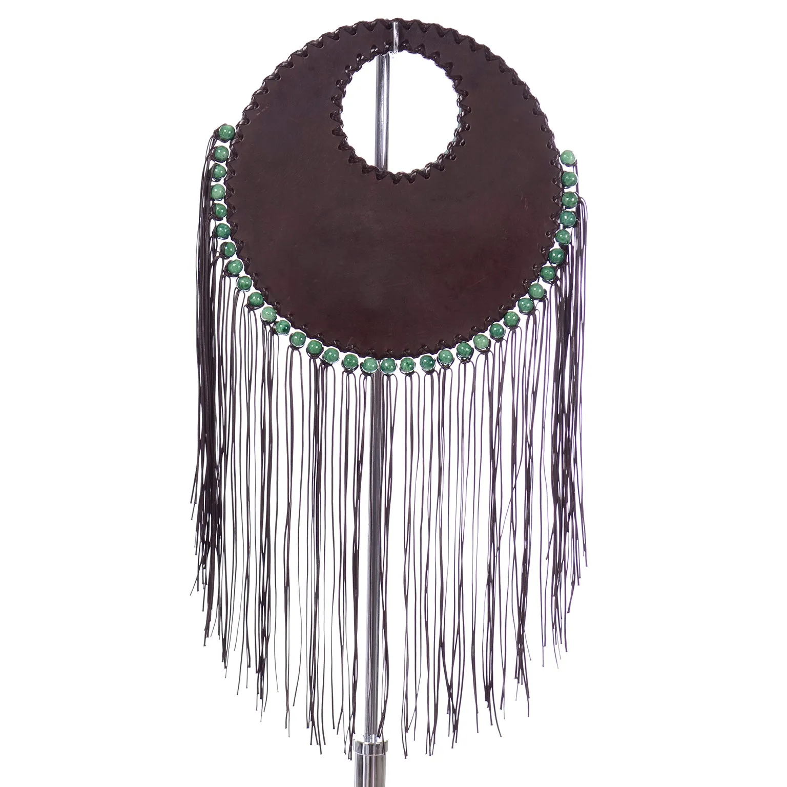 Denise Razzouk Brown Leather Handbag With Fringe And Green Beads