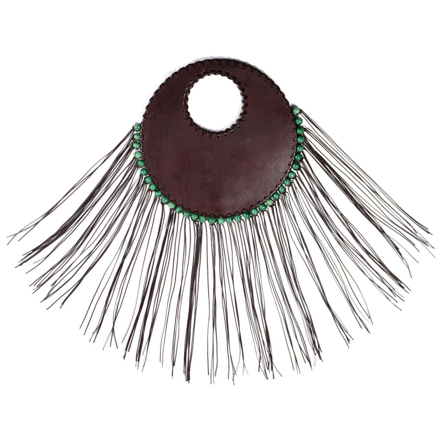 Denise Razzouk Brown Leather Handbag With Fringe And Green Beads