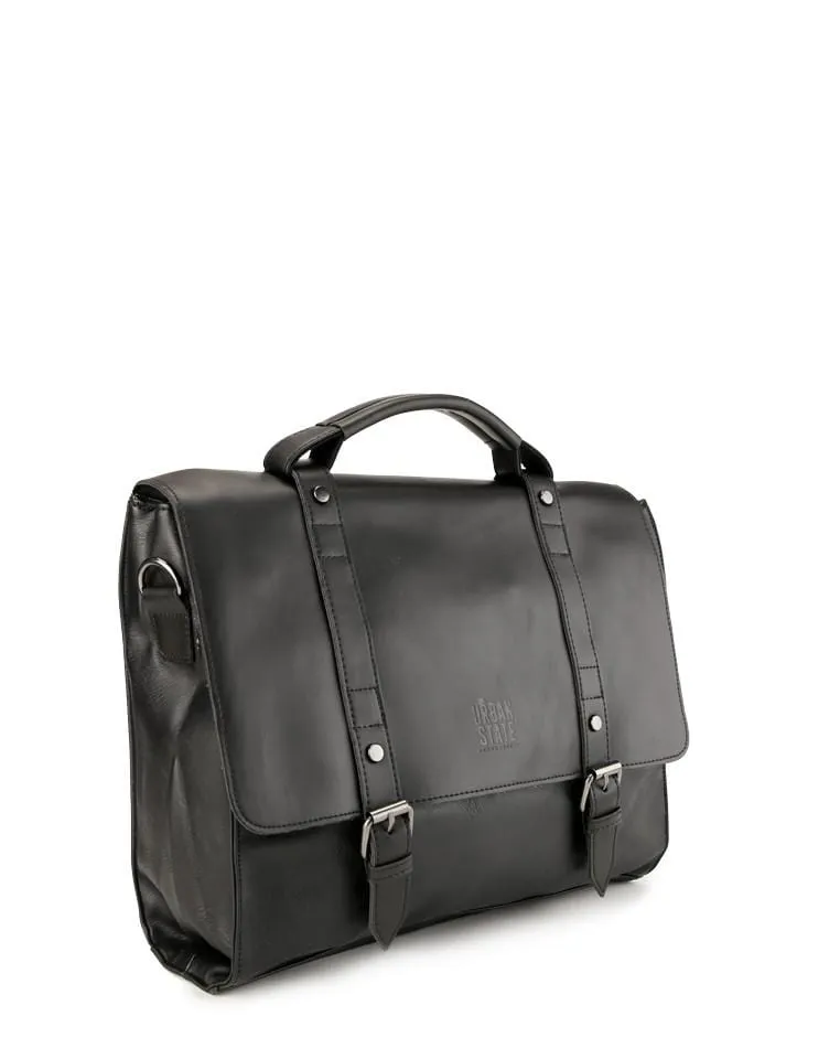 Distressed Leather Compact Office Bag - Black