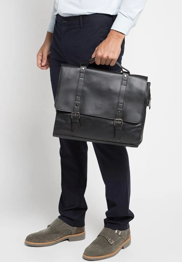 Distressed Leather Compact Office Bag - Black