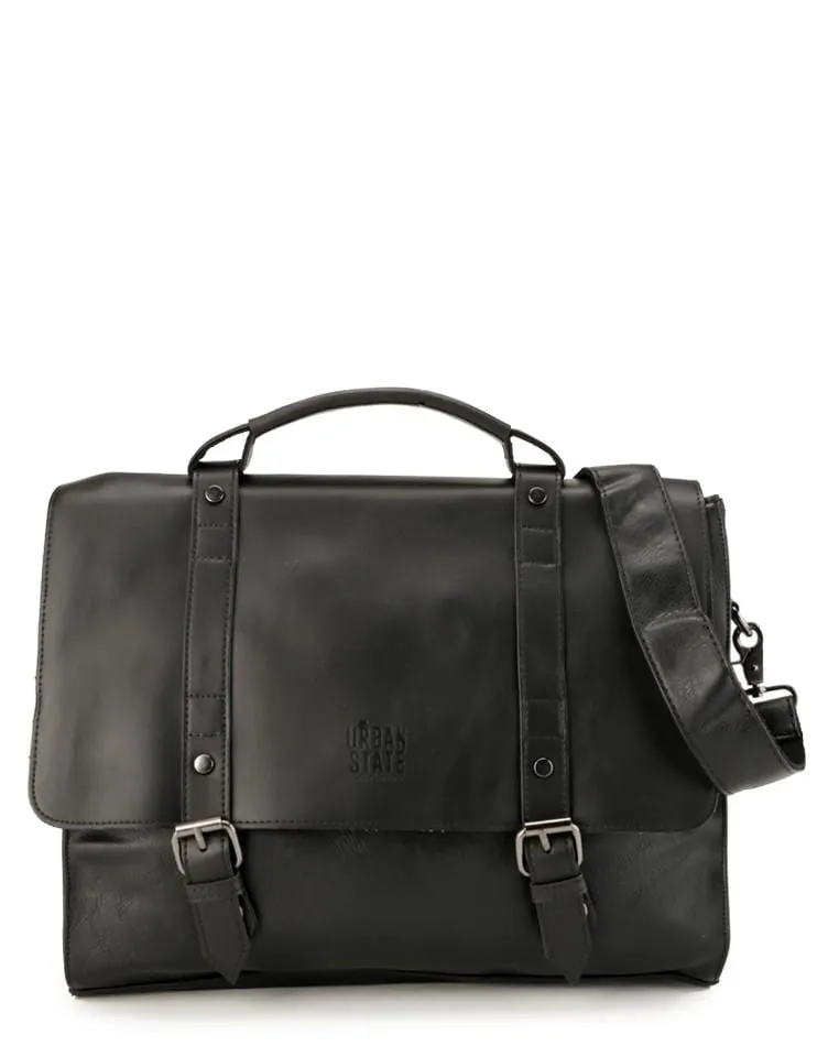 Distressed Leather Compact Office Bag - Black