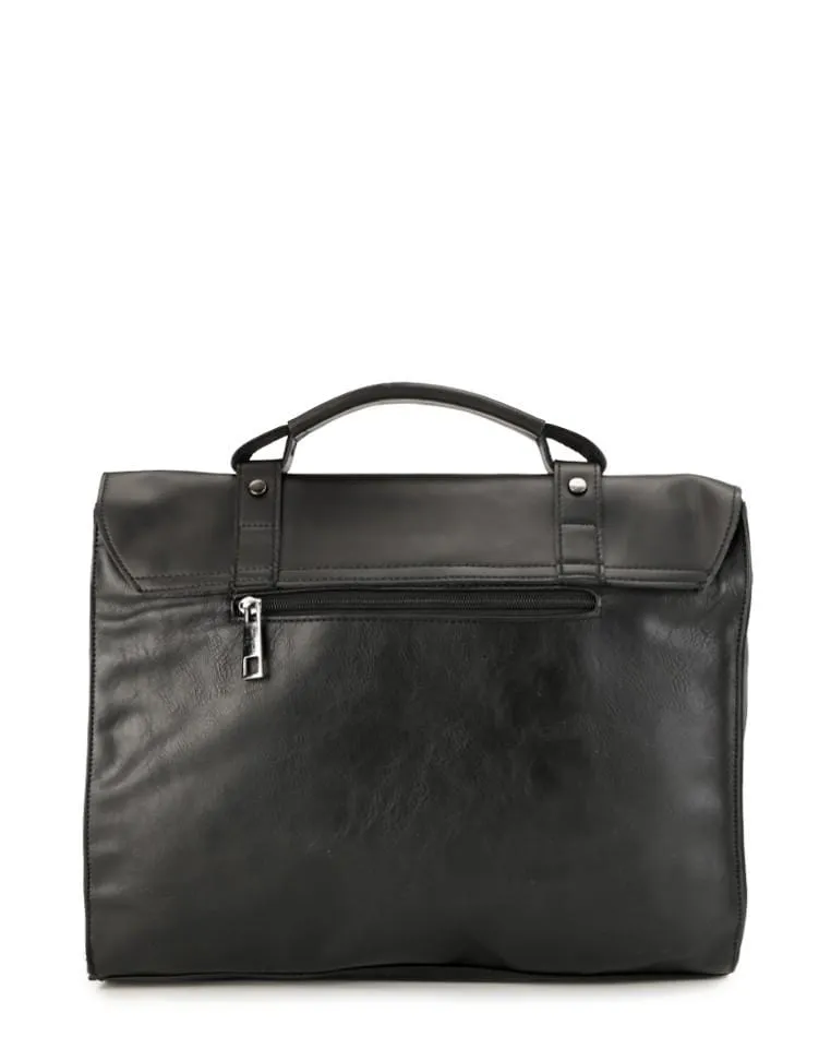 Distressed Leather Compact Office Bag - Black