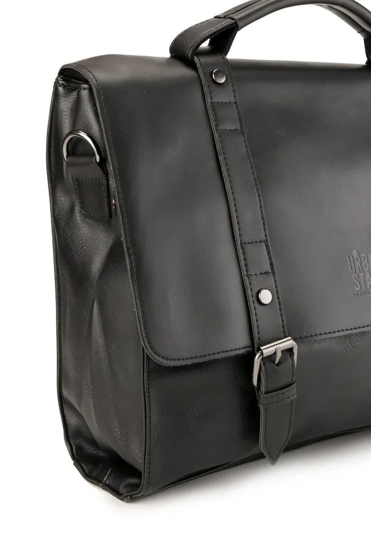 Distressed Leather Compact Office Bag - Black