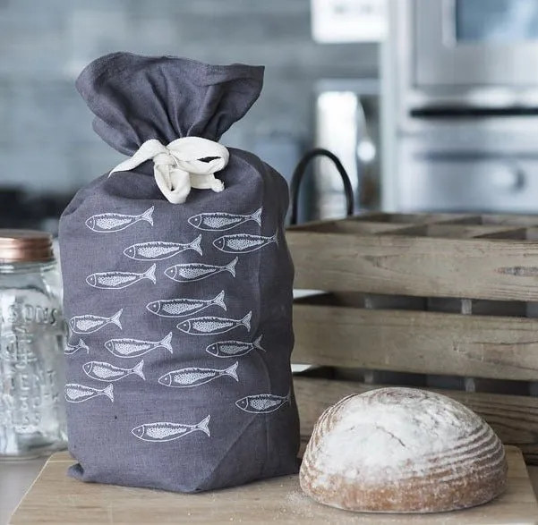 Eco Linen Bread Bag Fish Shoal Design