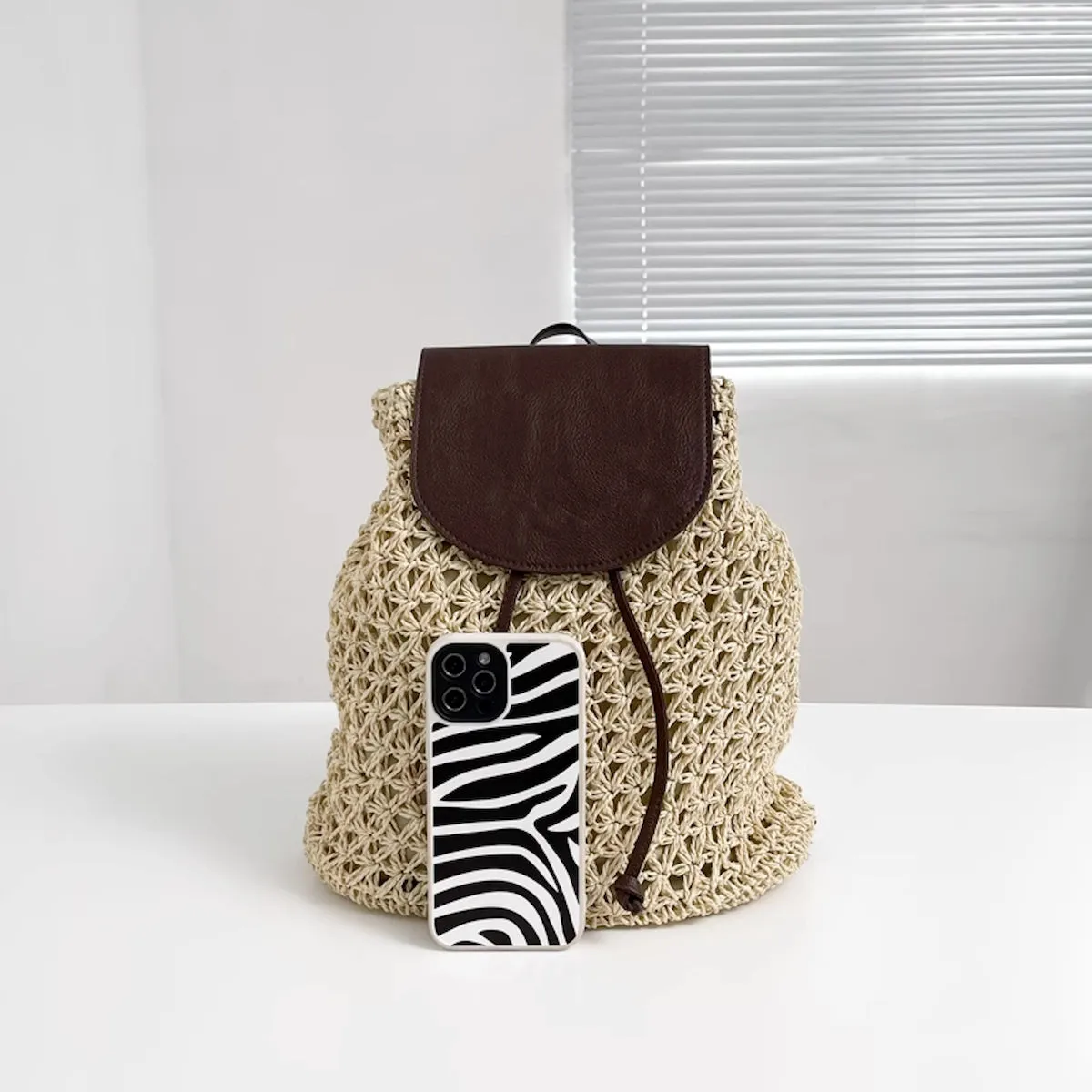 Elena Handbags Straw Woven Backpack with Leather Strap and Flap