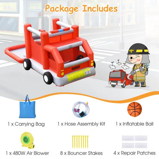 Fire Truck Themed Inflatable Castle Water Park Kids Bounce House with 480W Blower