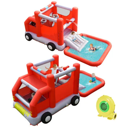 Fire Truck Themed Inflatable Castle Water Park Kids Bounce House with 480W Blower