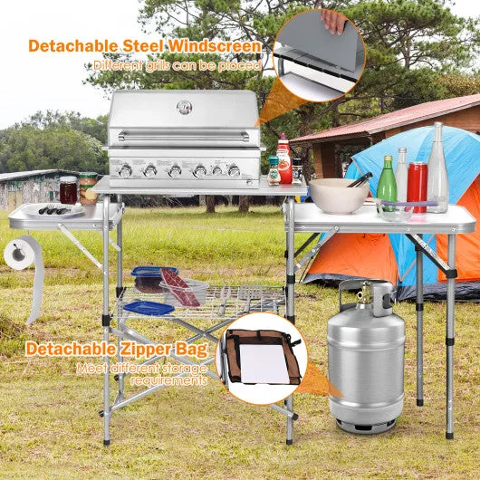 Foldable Outdoor BBQ Portable Grilling Table With Windscreen Bag-Gray