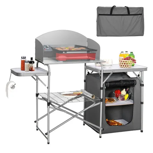 Foldable Outdoor BBQ Portable Grilling Table With Windscreen Bag-Gray