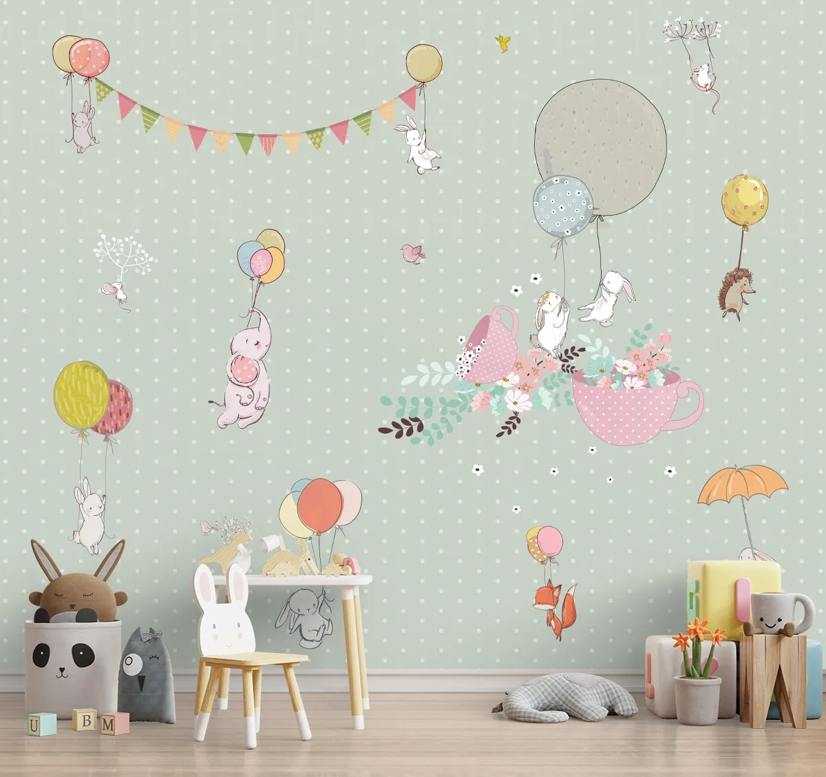 Green Beautiful Flying Animals Kids Room Customised Wallpaper