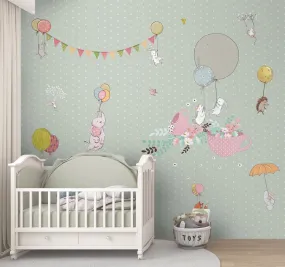 Green Beautiful Flying Animals Kids Room Customised Wallpaper