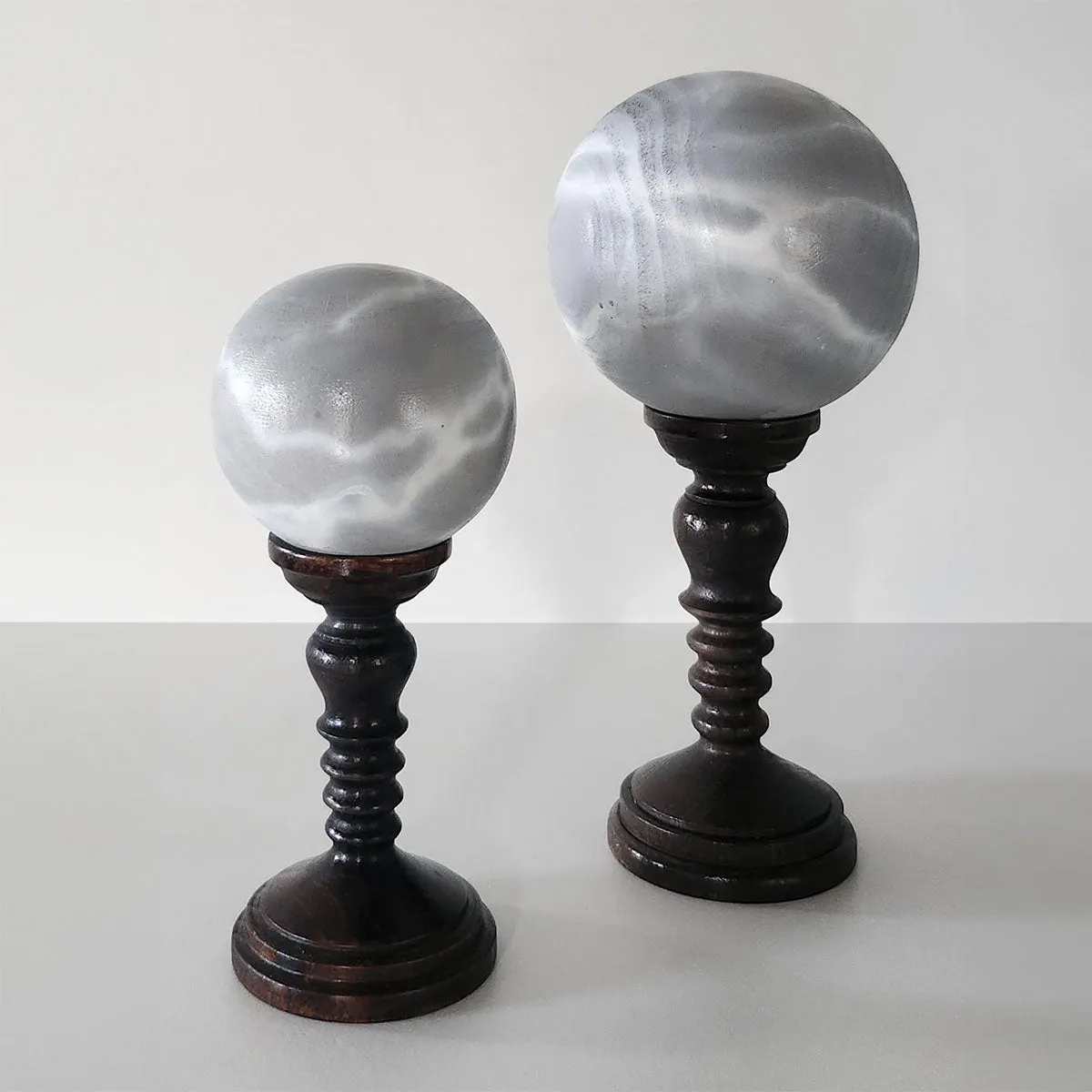 Grey Spheres On Pedestal - Handmade shelf sculptures in timber