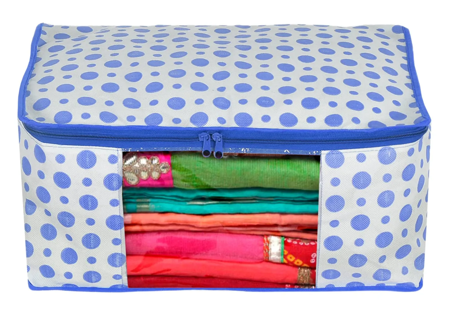 Heart Home Dot Printed Foldable, Lightweight Non-Woven 3 Saree Cover & 3 Underbed Storage Bag Set For Saree, Clothes, Blankets With Tranasparent Window, Set of 6 (Blue)-46HH0620