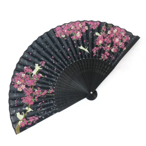 Japanese Foldable Fan - Sakura & Cat in Black