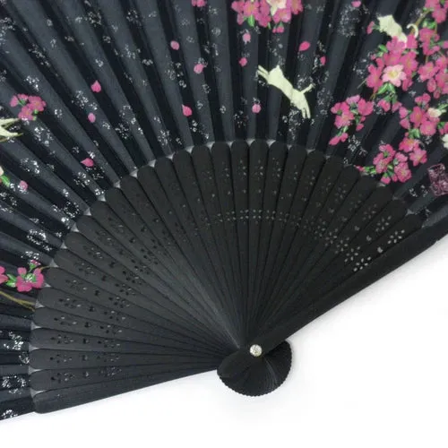 Japanese Foldable Fan - Sakura & Cat in Black