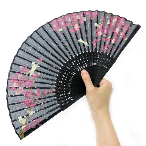 Japanese Foldable Fan - Sakura & Cat in Black