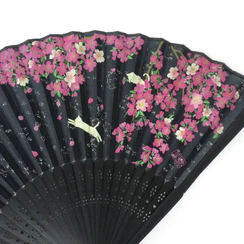 Japanese Foldable Fan - Sakura & Cat in Black