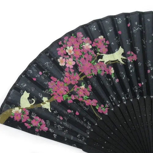 Japanese Foldable Fan - Sakura & Cat in Black