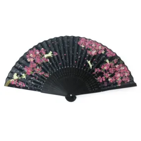 Japanese Foldable Fan - Sakura & Cat in Black