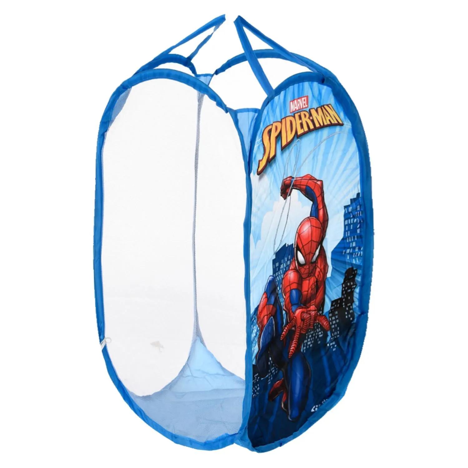 Kuber Industries Laundry Basket | Marvel Spiderman Net Foldable Laundry | Nylon Storage Basket with Handle | Basket for Toy Storage | 30 LTR | Pack of 3 | Sky Blue