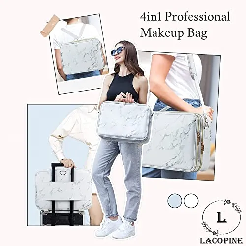 LACOPINE 28cms Large Makeup Organizer Bag Travel Train Case Portable Cosmetic Artist Storage Bag with Adjustable Dividers for Makeup Brushes (18 Inch (2 Layer)_Travel Makeup Case_White)